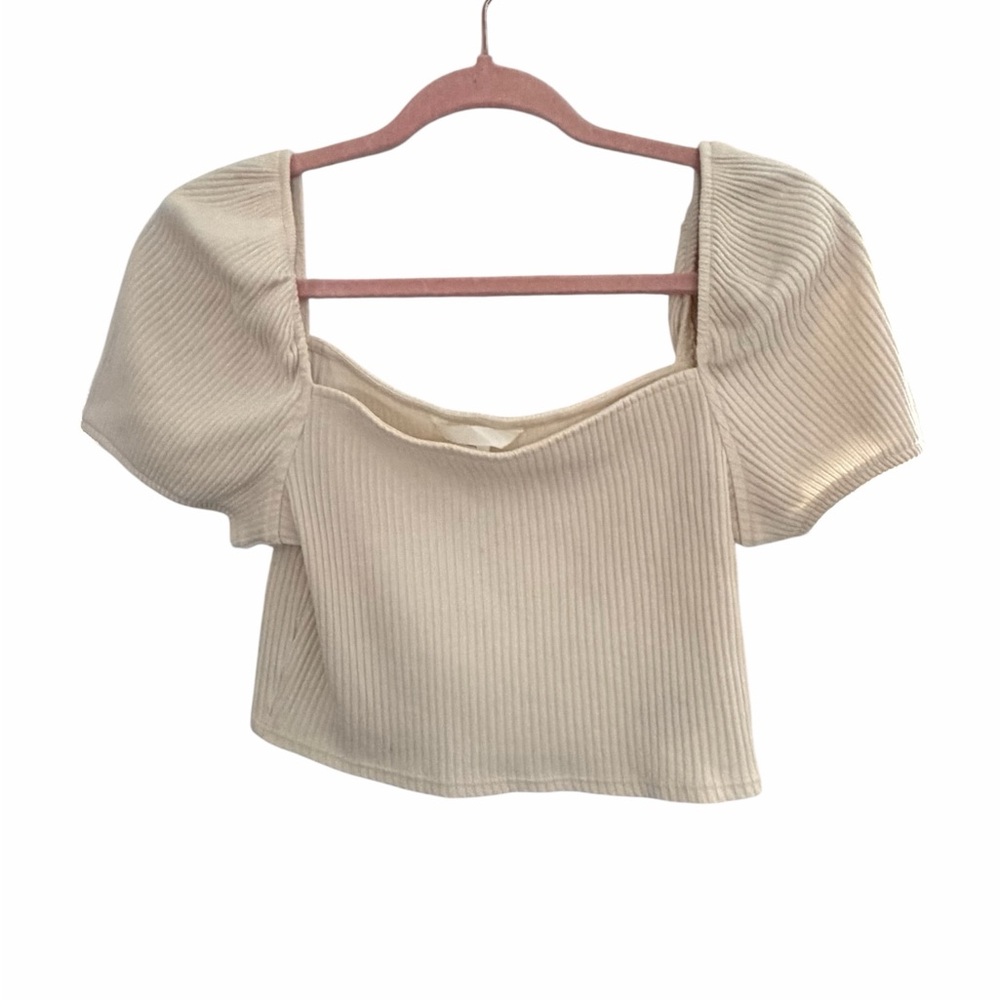 H&M Cream Ribbed Puff Sleeve Crop Top Size Large PTP 14”Like New